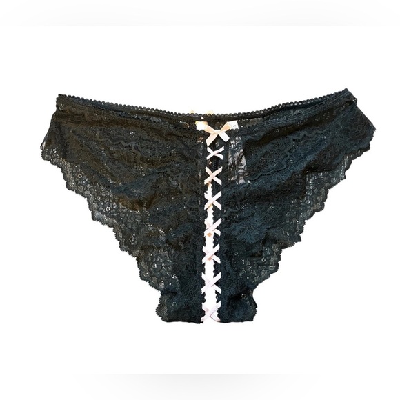 NWT VICTORIA SECRET DREAM ANGELS Lace-up Cheekini Panty Large Black Pink - Picture 1 of 5